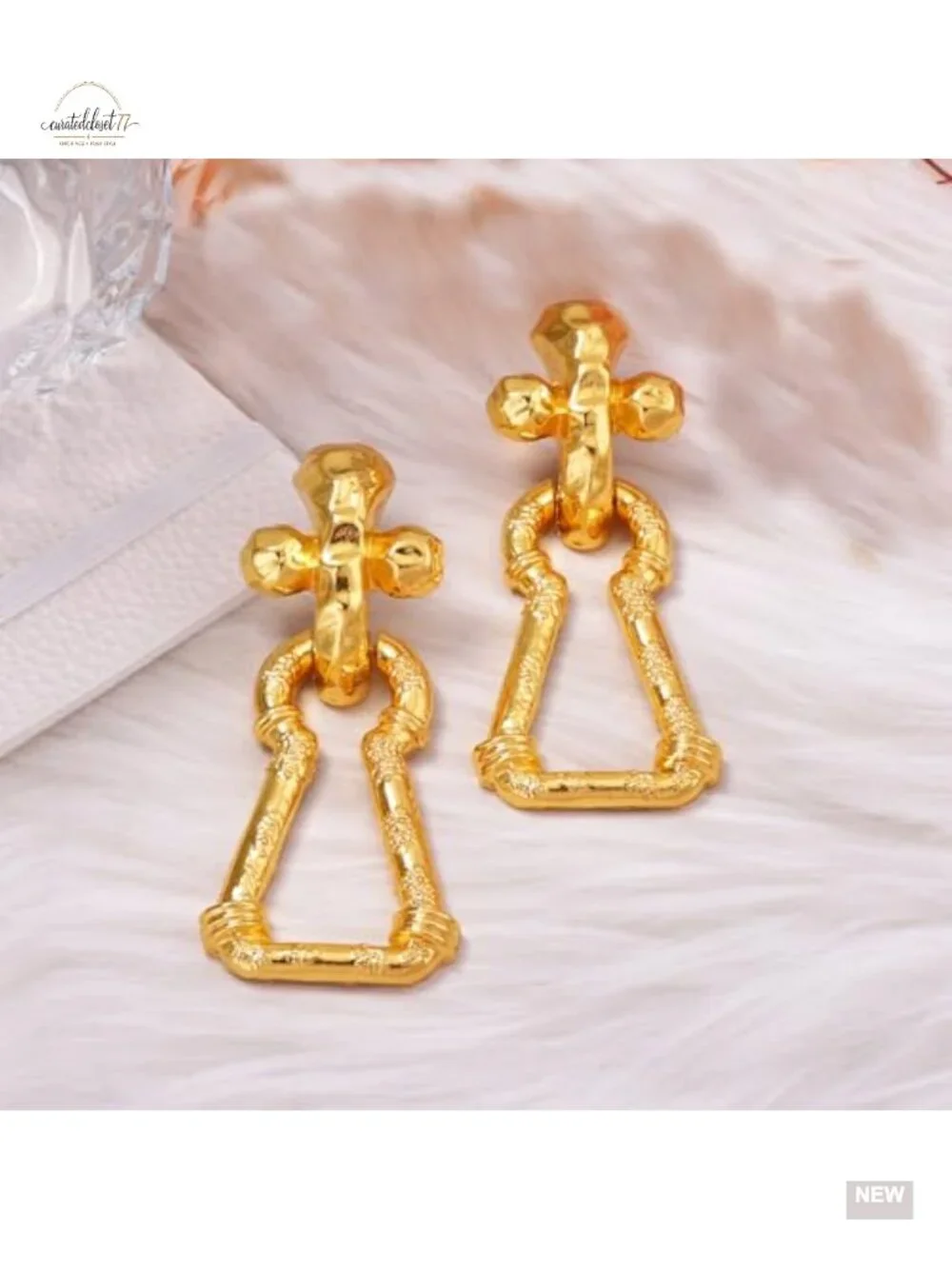 Chunky Cross Lock Earrings Oversized Statement Dangle Hammered Geometric Gold